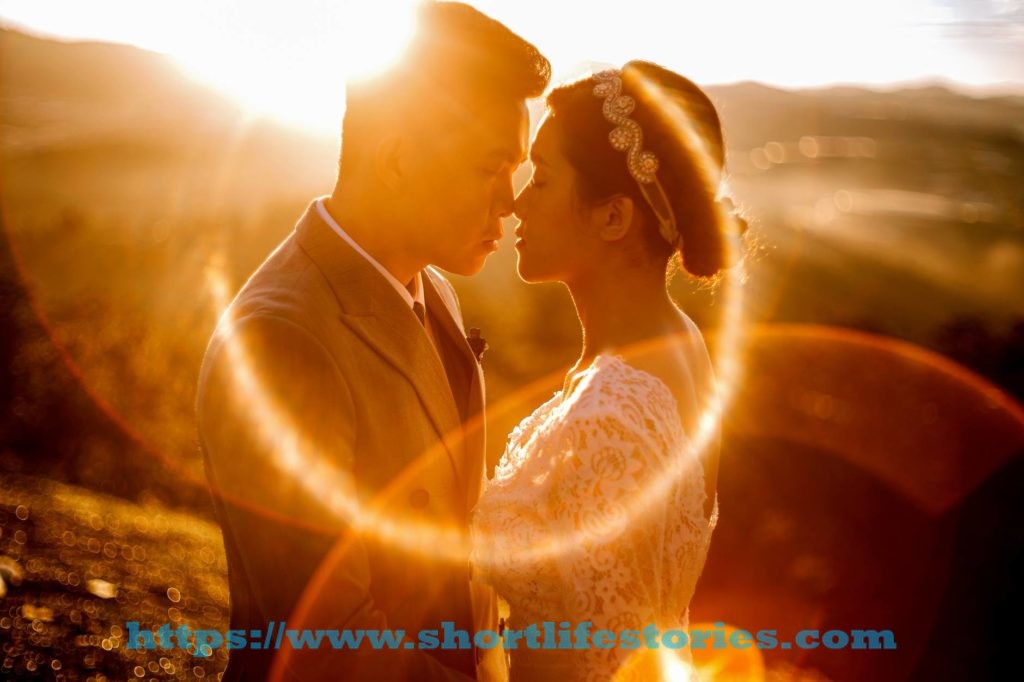 sensual ethnic newlyweds in sunny evening