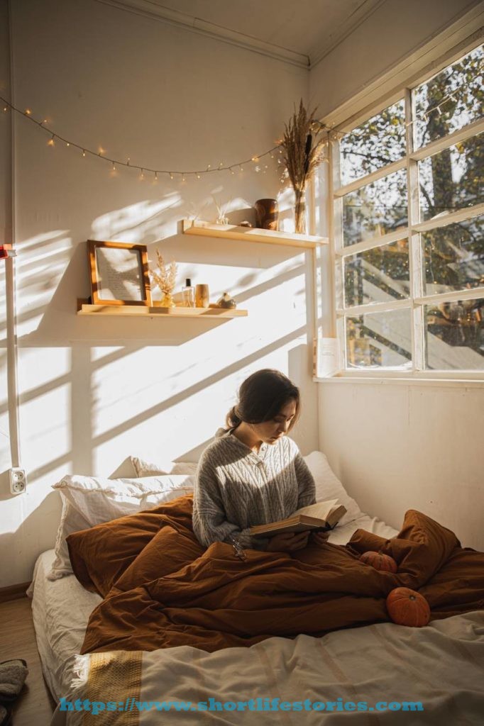 woman in gray long sleeve shirt sitting on her bed reading a book